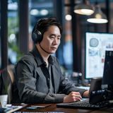 林晓峰，资深影视资源评测编辑，正在工作台前审阅亚洲无码平台数据报告，专业严谨气质